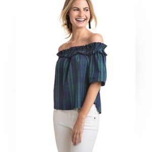 Vineyard Vines Backwatch Off the Shoulder Poplin Tartan Plaid Top Blouse XS